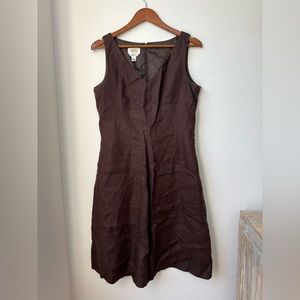 Talbots Chocolate Brown Irish Linen V Neck A line Midi Dress | Size 12